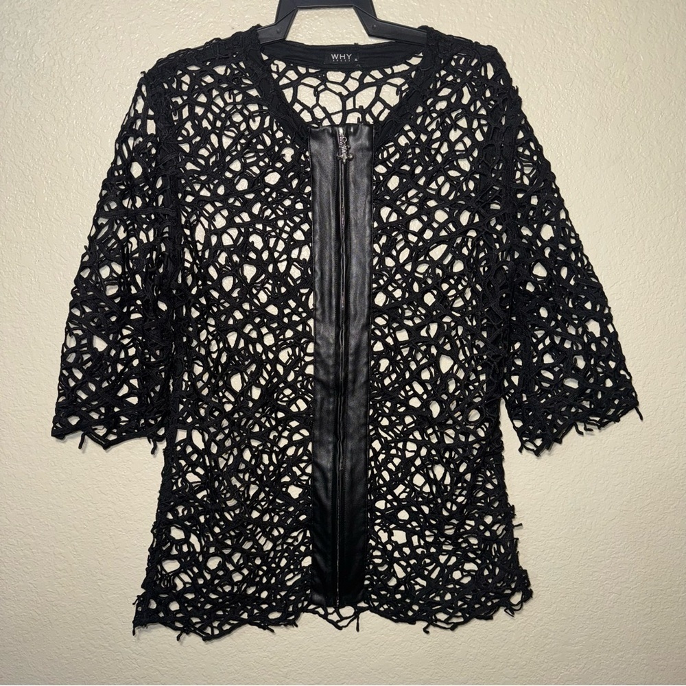 WHY DRESS Crochet Lace Top Women’s XL Black Sheer Goth Grunge Open Front Edgy